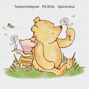 Klassiek Winnie de Poeh-sublimatieontwerp, decor babyshower en verjaardagsfeestje, aquarel clipart png beer en big genderneutrale kunst aan de muur