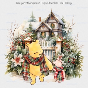 Classico disegno a sublimazione di Winnie the Pooh e Pimpi nella scena natalizia PNG: Clipart natalizia invernale ad acquerello con orso e maiale; genere neutro
