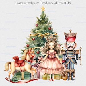 Cavalo de balanço quebra-nozes Clara vintage e árvore de Natal Design de sublimação PNG: clipart de véspera de Natal em aquarela, imagem de pijama de inverno