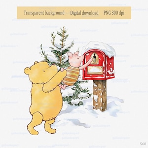 Winnie the Pooh y Piglet clásicos junto a un pino y un buzón rojo: imagen PNG para adorno navideño, escena invernal con un oso cerdo vintage