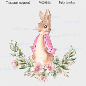 Rosa Flopsie-Kaninchen in Blumen Border Sublimationsgrafik: Peter Rabbit Design, Baby Girl Party, Aquarell Clipart PNG, Floral und Grün