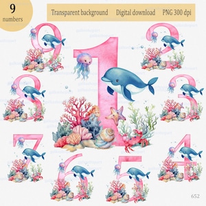 Desenho de sublimação de aquarela de aniversário "Under the Sea" para idades de 1 a 9 anos de filha, neta e sobrinha: Clipart PNG náutico, animais bebês marinhos