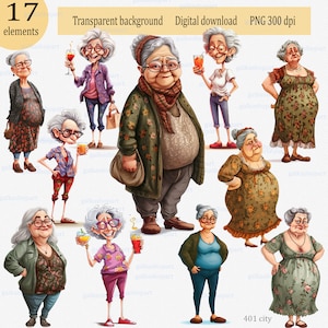 Caricatura humorística de una abuela mayor divertida: habitante de la ciudad con una bebida, gente de la vida de la ciudad, anciano de dibujos animados, Clipart PNG para sublimación