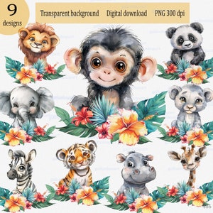 Animales bebés de safari en acuarela PNG - Clipart de jungla con borde floral tropical: mono, león, tigre, elefante, jirafa, panda y más