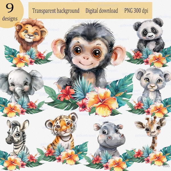 Watercolor jungle baby animals with tropical floral border clipart PNG: monkey lion tiger panda hippo elephant zebra giraffe cheetah safari