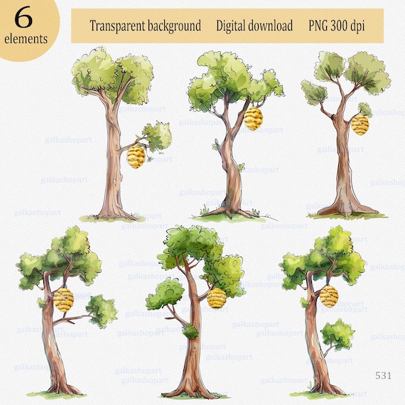 Summer tall tree with beehive, Watercolor clipart PNG, Pooh fairytale, Forest deciduous tree for sublimation & printing party stand up props