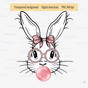 Bubble Gum Bunny, Damen Osterkaninchen mit Brille und Bandana, lustiges Häschen Clipart PNG, Frohe Ostern Sublimationsdesign, Mädchenwandkunst