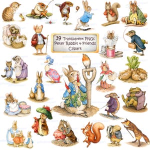 Pode incluir: Uma coleção de 39 imagens clipart PNG transparentes com personagens de Peter Rabbit & Friends. As ilustrações incluem vários animais, como coelhos, esquilos e ratos, todos em estilo aquarela, com texto.