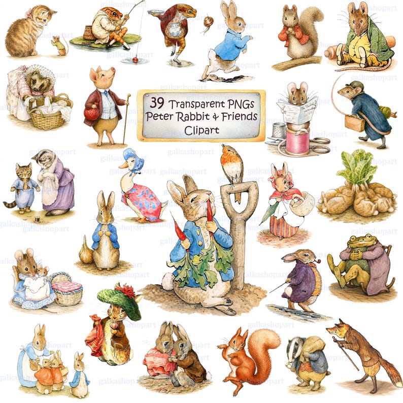 Peter Rabbit & Friends Clipart: 39 Vintage Bunny Pngs, Beatrix Potter ...