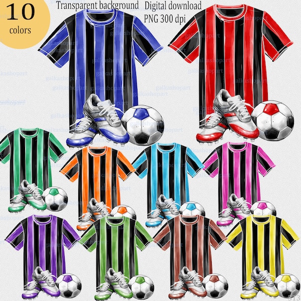 Football kit png sublimation design: Soccer boots, striped t-shirt, ball; printable graphics; watercolor Clipart; for Sports-Themed Projects