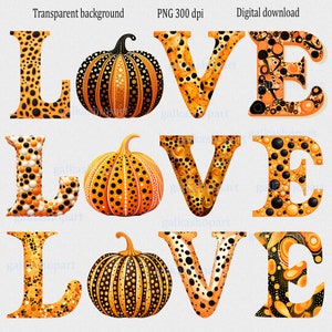 Set di 20 lettere e zucche clipart PNG: illustrazione del Ringraziamento autunnale, grafica fantasy stampabile, design a sublimazione Love Fall Y'All