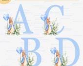 Peter Rabbit blue alphabet clipart: set of 26 individual letters with leaves and bunny PNG, watercolor sublimation design, monogram