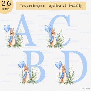 Peter Rabbit Blau Alphabet Clipart: Set aus 26 einzelnen Buchstaben mit Blättern und Kaninchen PNG, Aquarell Sublimationsdesign, Monogramm