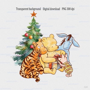 Motif classique en sublimation de Winnie l'ourson et ses amis dans une scène de Noël PNG : clipart de Noël hiver aquarelle avec cochon ours tigre ; hiver