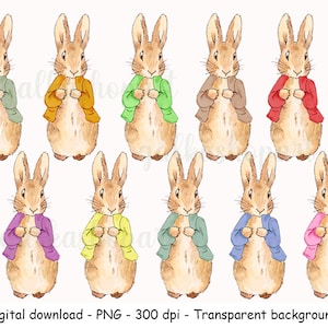 Peter Rabbit in Jacken aus verschiedenen Farben, Sublimations ClipArt, Beatrix Potter Kunst Bild, Bunny Illustration, PNG auf transparentem Hintergrund