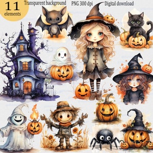 Halloween Clipart PNG: Cute Witch, Pumpkin, Cat, Ghost, Spider, Scarecrow, Haunted House, Fall Decor,  11 Autumn Watercolor Sublimation Arts