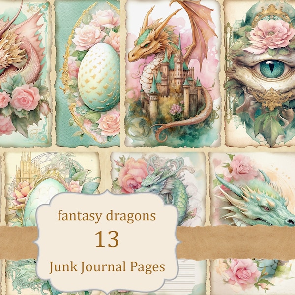 Kit de diario basura de dragón de fantasía, páginas imprimibles de colores verde menta y rosa bebé, huevos de dragón, ojos, castillo de hadas, rosas, mantenimiento de la memoria