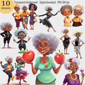 Clipart PNG divertente di vecchie signore afroamericane: nonna ubriaca; coppia allegra di nonne; donna anziana in spiaggia; nonna dalla pelle scura