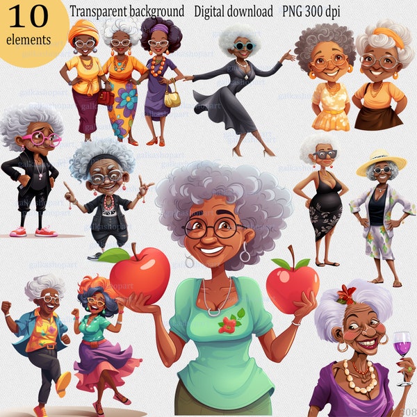 Funny cartoon clipart PNG of old Afro-american ladies: drunk grandmother; cheerful couple of granny; elderly beach woman; dark skin grandma