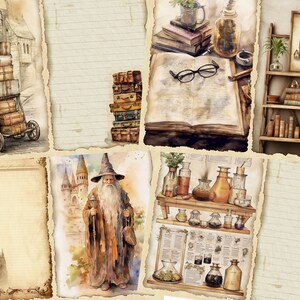 May include: A collage of vintage-style illustrations featuring a wizard, a castle, a bookshelf, and a potion-making scene. The images are set against a background of old paper with torn edges.