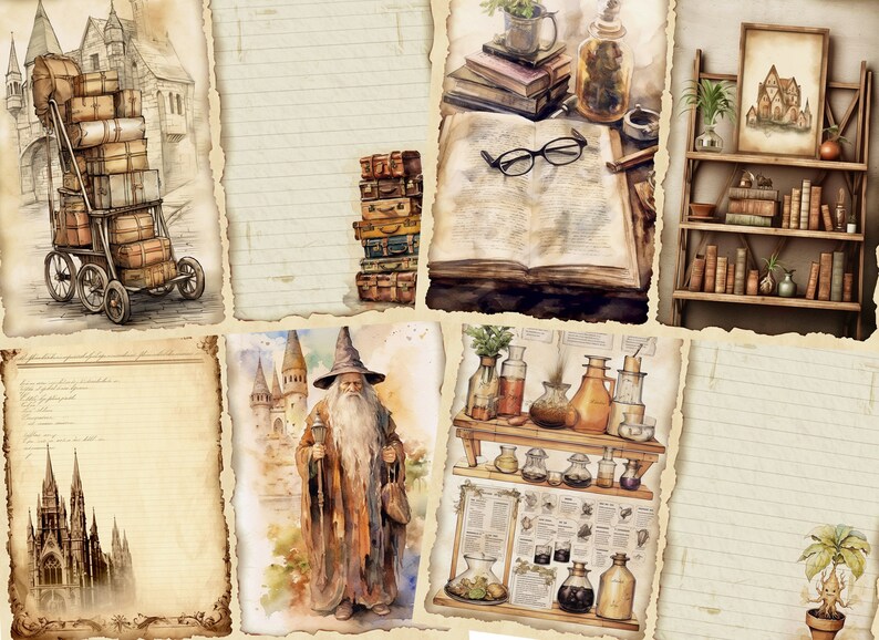 May include: A collage of vintage-style illustrations featuring a wizard, a castle, a bookshelf, and a potion-making scene. The images are set against a background of old paper with torn edges.