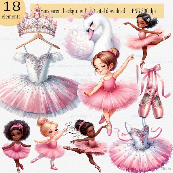 18 PNG Images of Watercolor Ballet Elements : little ballerina doll in pink dress tutu, dark skin baby girl, swan, crown, pointe shoes