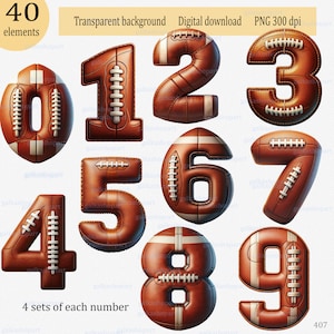 Clipart PNG de numerais dinâmicos de futebol: conjunto de 40 números individuais em forma de bola, dígito esportivo 3D, design de sublimação para impressão
