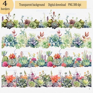 Suculentas de acuarela con borde sin costuras, clipart; guirnalda floral PNG; diseño de vegetación; ilustración digital, marco suculento