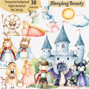 Dornröschen FairyTale PNG Clipart: Charaktere, Aquarell Prinzessin Aurora, Prinz, Schloss, Feen, Maleficent, Waldtiere