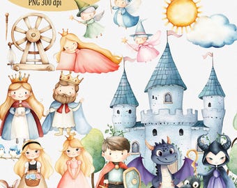 Sleeping Beauty FairyTale PNG Clipart: Watercolor Characters, Princess Aurora, Prince, Castle, Fairies, Maleficent, Forest Animals
