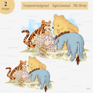 Klassieke Winnie de Poeh en vrienden-clipart PNG: aquarelsublimatieontwerp met berenknorretje Teigetje Iejoor; genderneutraal feestdecor