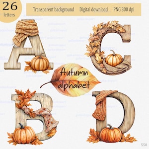 Gezellig herfstalfabet PNG's clipart Individuele letters met bladeren en pompoen Herfst houten lettertype Aquarel monogram Ontwerp voor gepersonaliseerde naam
