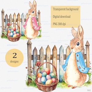Peter Rabbit Sublimationsdesign: Erstes Ostern PNG Clipart, Frühlingsszene mit Gartenhase und Eierkorb auf Holzzaunhintergrund