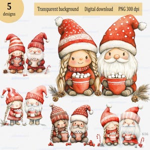 Christmas Gonks with Hot Cocoa Mug Design PNG, watercolor cute gnomes with a cup of hot chocolate & marshmallows, Merry Xmas illustration