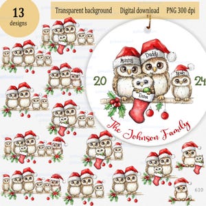 Clipart familial personnalisé PNG pour décoration de Noël, carte, tasse, chemise, affiche : hiboux - enfants maman papa en bonnets de père Noël, ajoutez votre nom