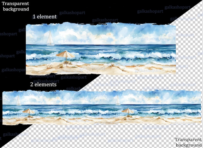 Beach Seamless Border Clipart, 6 Watercolor Coastal PNG Borders - Etsy