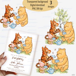 Vintage Pooh Tea Party PNG - Clipart acquerello di Orso, Pimpi e Tigro per cameretta, decorazioni per compleanni, illustrazione a sublimazione per la cameretta dei bambini