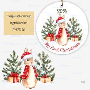 Aquarelle de Noël Pierre lapin en hiver scène enneigée PNG clipart : Flopsy Bunny avec coffrets cadeaux et sapin, conception Baby First Xmas