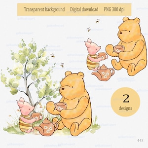 Fiesta de té clásica de Winnie the Pooh y Piglet: clipart PNG, diseño de sublimación de acuarela con osito cerdo, arte de pared infantil de género neutro