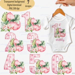 Feestvarken 1-6 jaar oud PNG-ontwerpen: aquarel schattige roze dinosaurus met tropische bloemen en bladeren, dino-nummerkaart clipart, set van 7