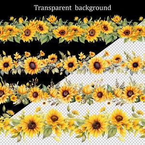 K&ouml;nnte beinhalten: Vier nahtlose Muster aus Aquarell-Sonnenblumen mit gr&uuml;nen Bl&auml;ttern und Stielen auf transparentem Hintergrund. Die Sonnenblumen sind gelb mit braunen Zentren.