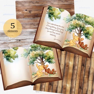 Clipart PNG de acuarela clásica de Winnie the Pooh y sus amigos en forma de libro vintage abierto para hacer accesorios de fiesta: tarjetas de invitación, letrero de bienvenida