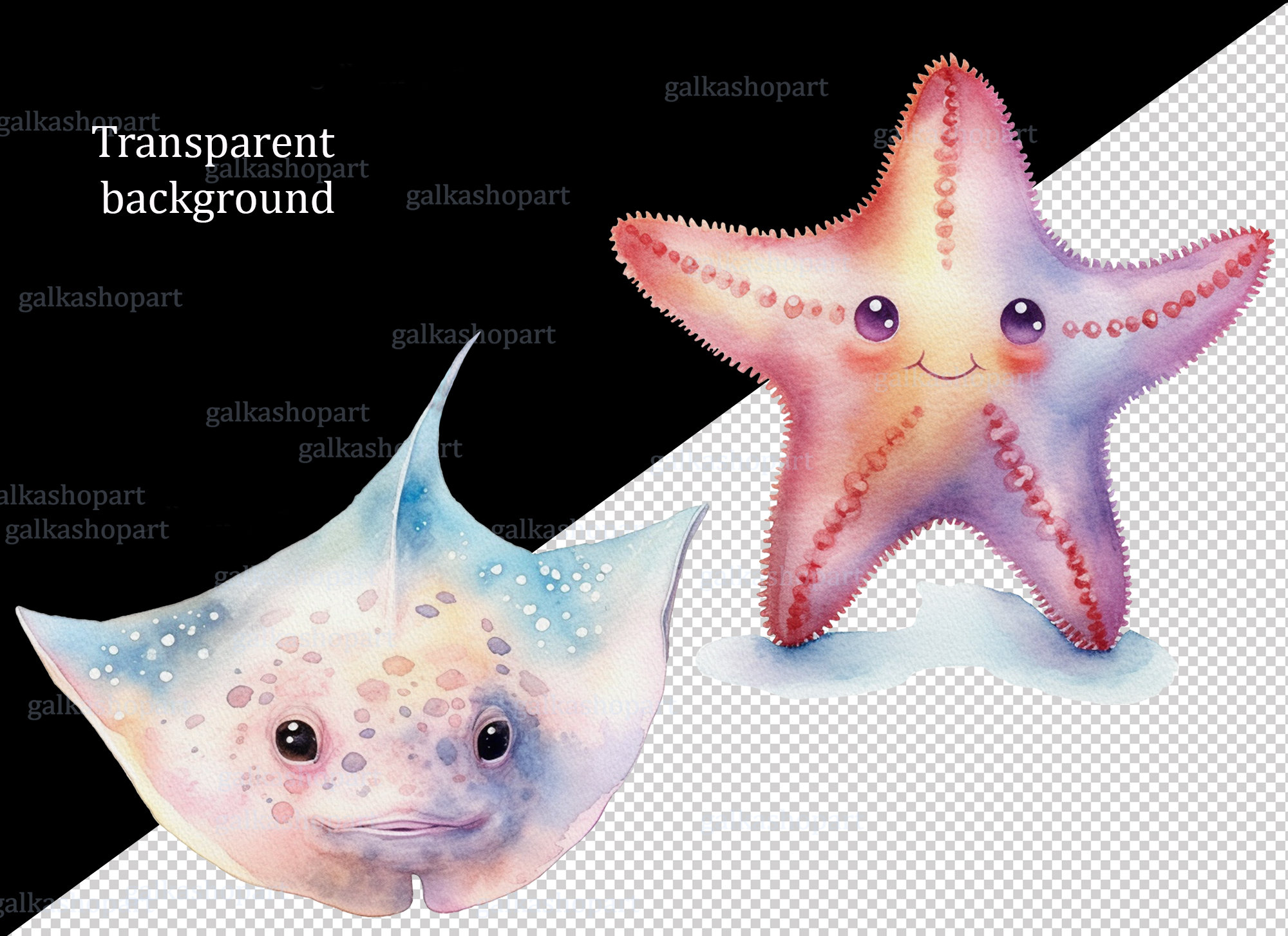 Cute Ocean Animals Clipart Set, Sea Life Watercolor PNG, Kids Marine ...