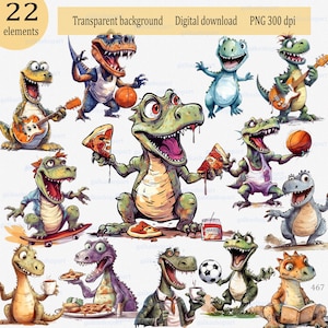 Dinosauri stravaganti ad acquerello: clipart di cartoni animati divertenti e comici in formato PNG, dinosauro bizzarro, che gioca a calcio, a basket, a pallavolo, che mangia pizza, 22 immagini