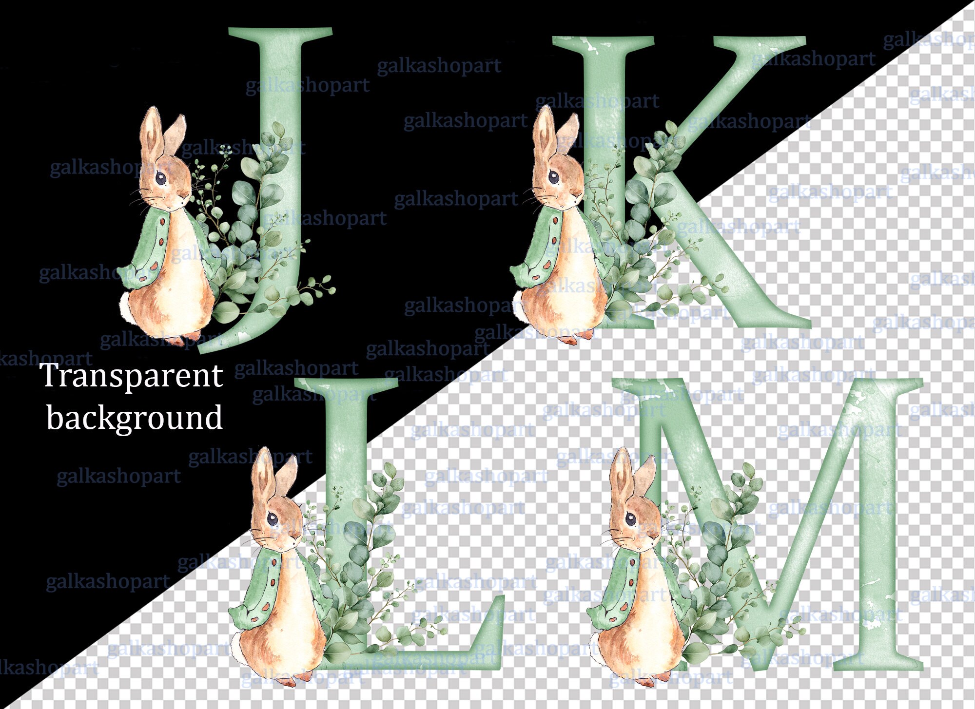 Peter Rabbit Green Rabbit Name Peter Rabbit Green Alphabet & Numeral Clipart PNG: 26 Watercolor ...