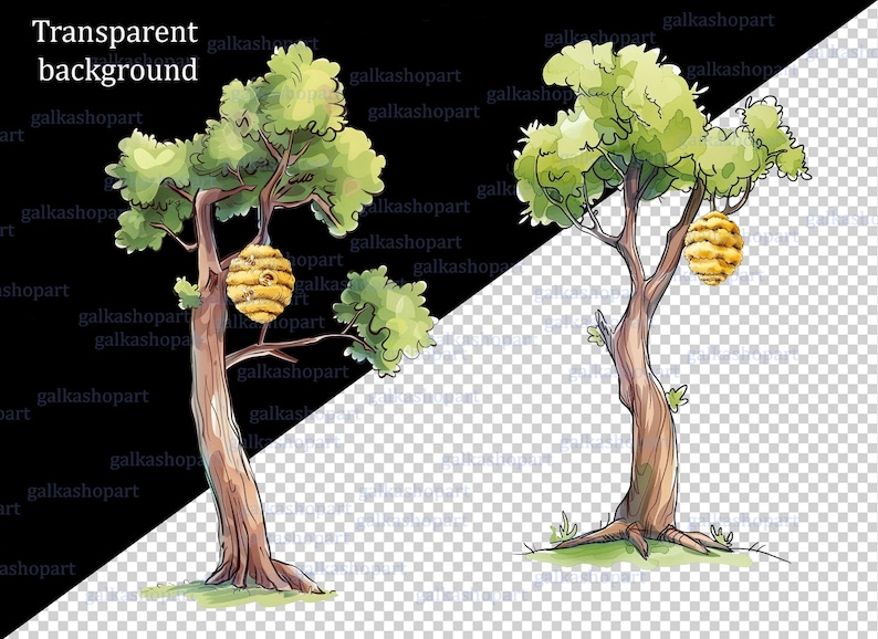 May include: Watercolor illustration of two trees with beehives. The trees have green foliage and brown trunks. The beehives are yellow and brown, hanging from the branches. The background is transparent and black.