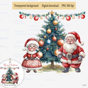 Le père Noël et la mère de Noël sur fond de sapin de Noël ; Conception PNG sublimation pour nounou et grand-père, clipart aquarelle pour grands-parents