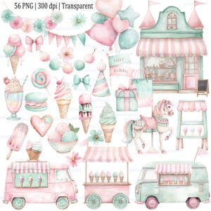 Puede incluir: Ilustración en acuarela con conos de helado, helados y dulces en colores pastel. Incluye una tienda, camiones de helados, globos y un caballo de carrusel. La imagen tiene el texto "Happy Birthday".
