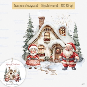 Père Noël et Mme Noël sur fond de maison d'hiver ; Sublimation de Noël PNG pour nounou et grand-père, clipart aquarelle pour grands-parents