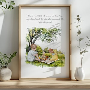Impresión clásica de Winnie the Pooh y sus amigos en una escena de picnic para guardería: cita inspiradora vintage, arte de pared de género neutro, centro de mesa para habitación infantil